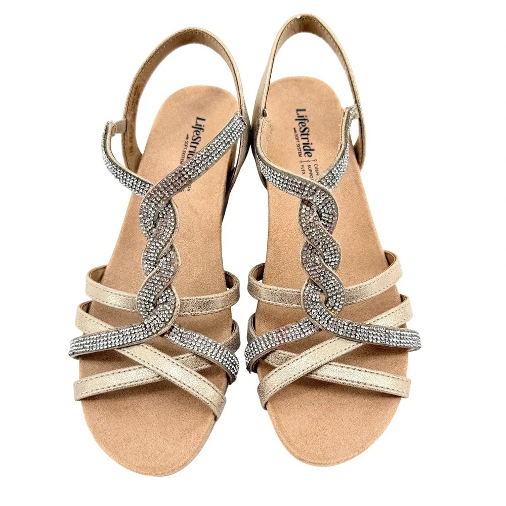 LifeStride Miami Wedge Sandals Women 7M Gold Excellent Rhinestone Strappy Dressy